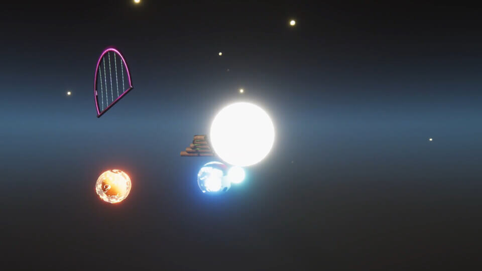 a lyre, a pan-flute, a glowing fire-ball, a glowing ice-sphere and a smaller, bright-glowing blue sphere float in space. In the background, there is a large star or sun in the center and several smaller or more distant ones around it.