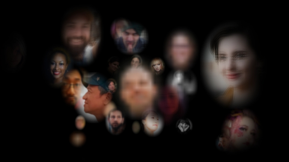 cloud of nearby faces, floating in a black void. Some of them overlap, forming shapes.
