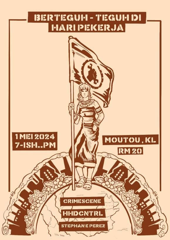 event flyer featuring a person in traditional garb holding a flag and standing on a globe. The flag shows a fist holding a wrench.