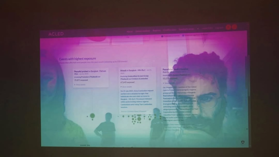 the faces of the artists, alpha-blended with the ACLED conflict map and footage from the trees and buildings outside the venue. photo of the wall projection, pink and teal-tinted