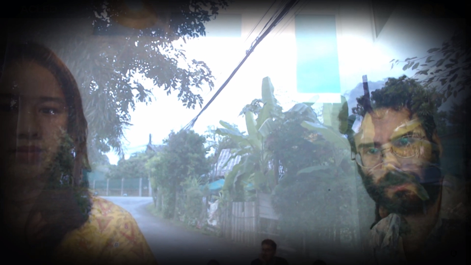 the faces of the artists, alpha-blended with the ACLED conflict map and footage from the trees and buildings outside the venue.