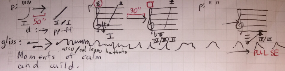fragment of the score for 'addiction', showing various note ranges and indications for strings, dynamics and articulation. also the words 'Moments of calm and wild' and 'PULSE' can be seen