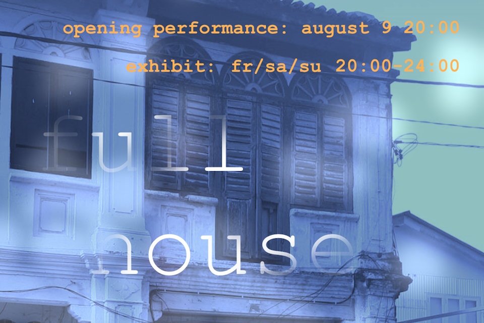 event flyer. Shows the hin bus depot residency house view from the street. The image is tinted blue and indistinct, white, bubbly shapes are blended with it.